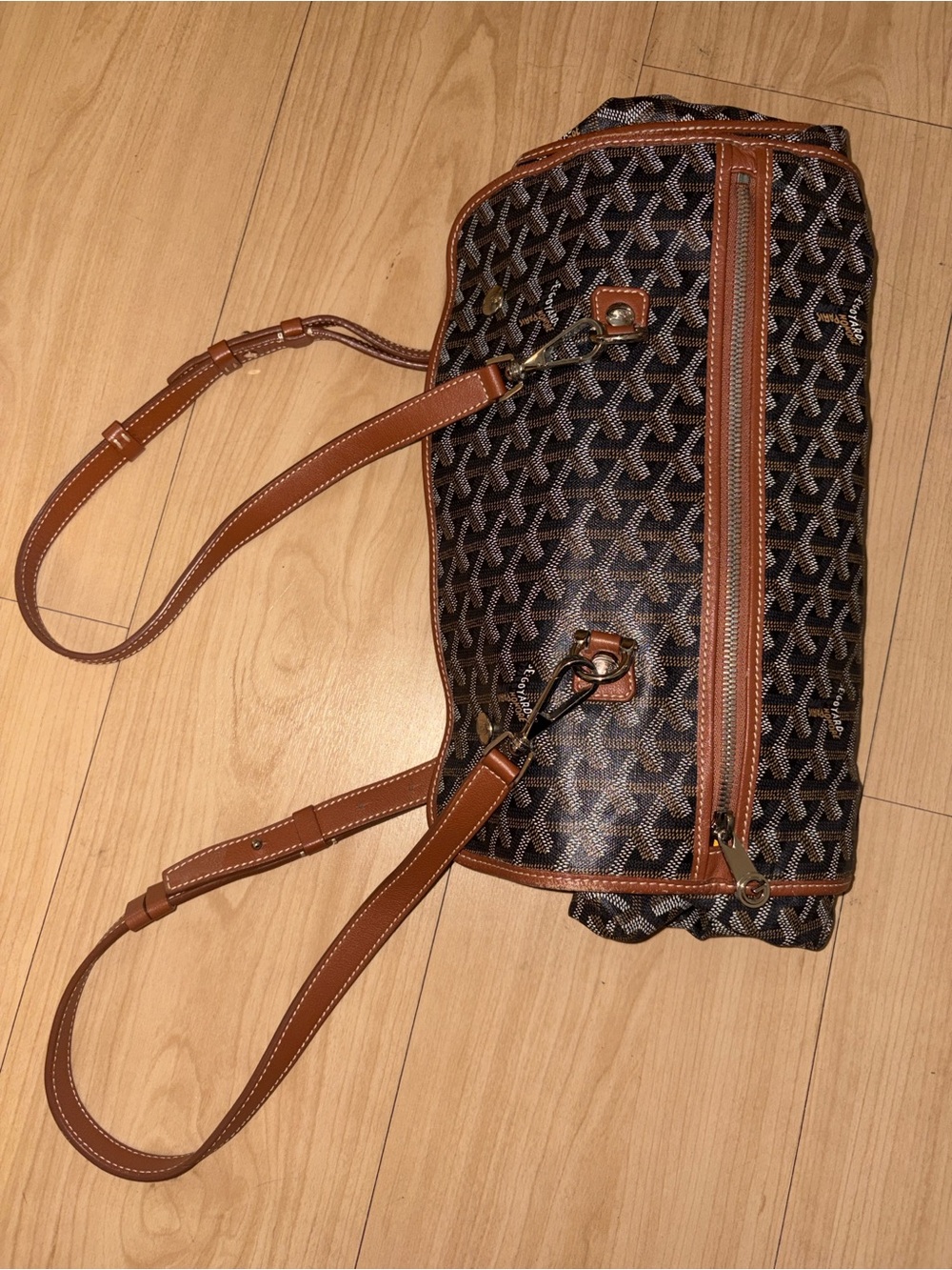Brown Patterned Shoulder Bag with Tan Trim